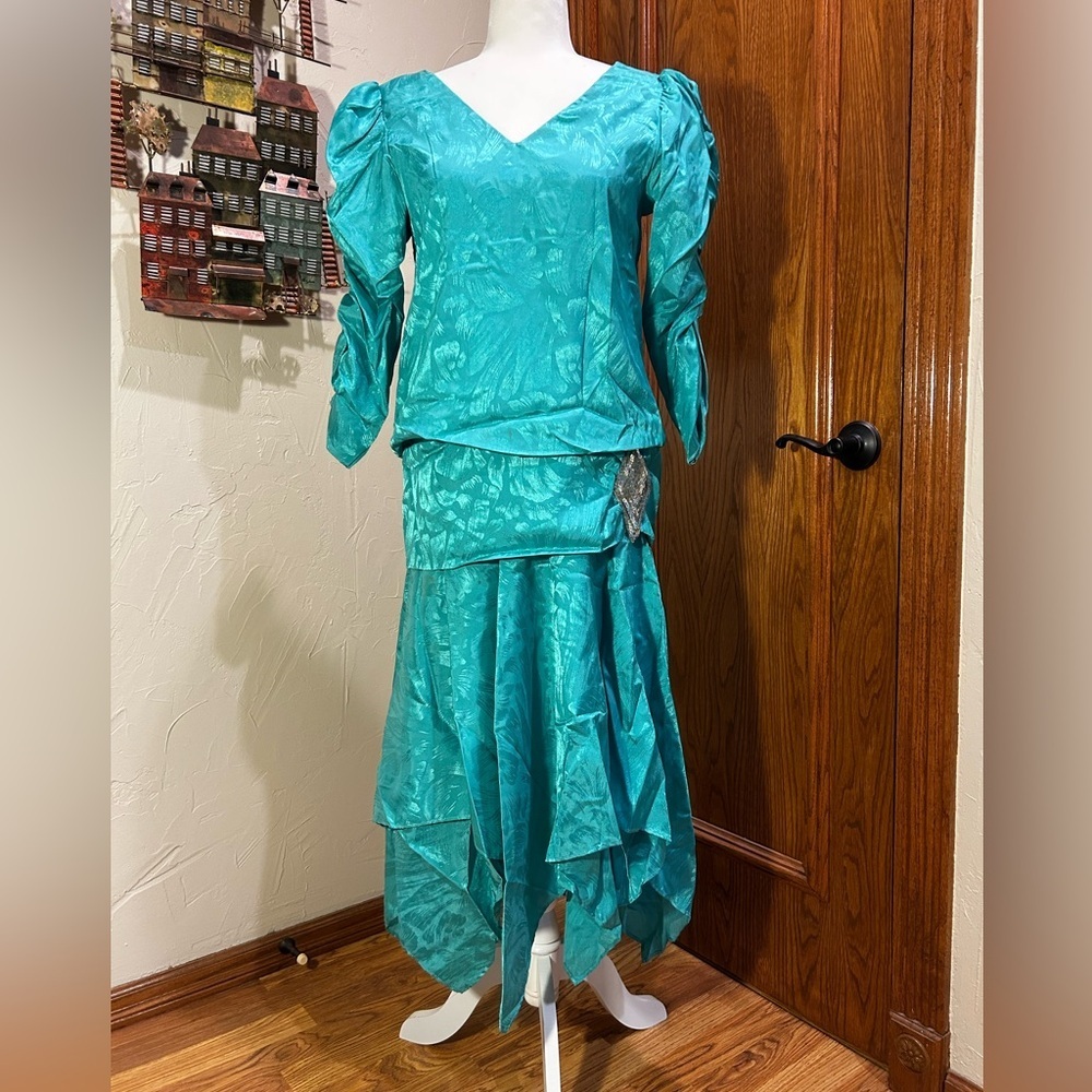 80s Teal Drop Waist Silky Formal